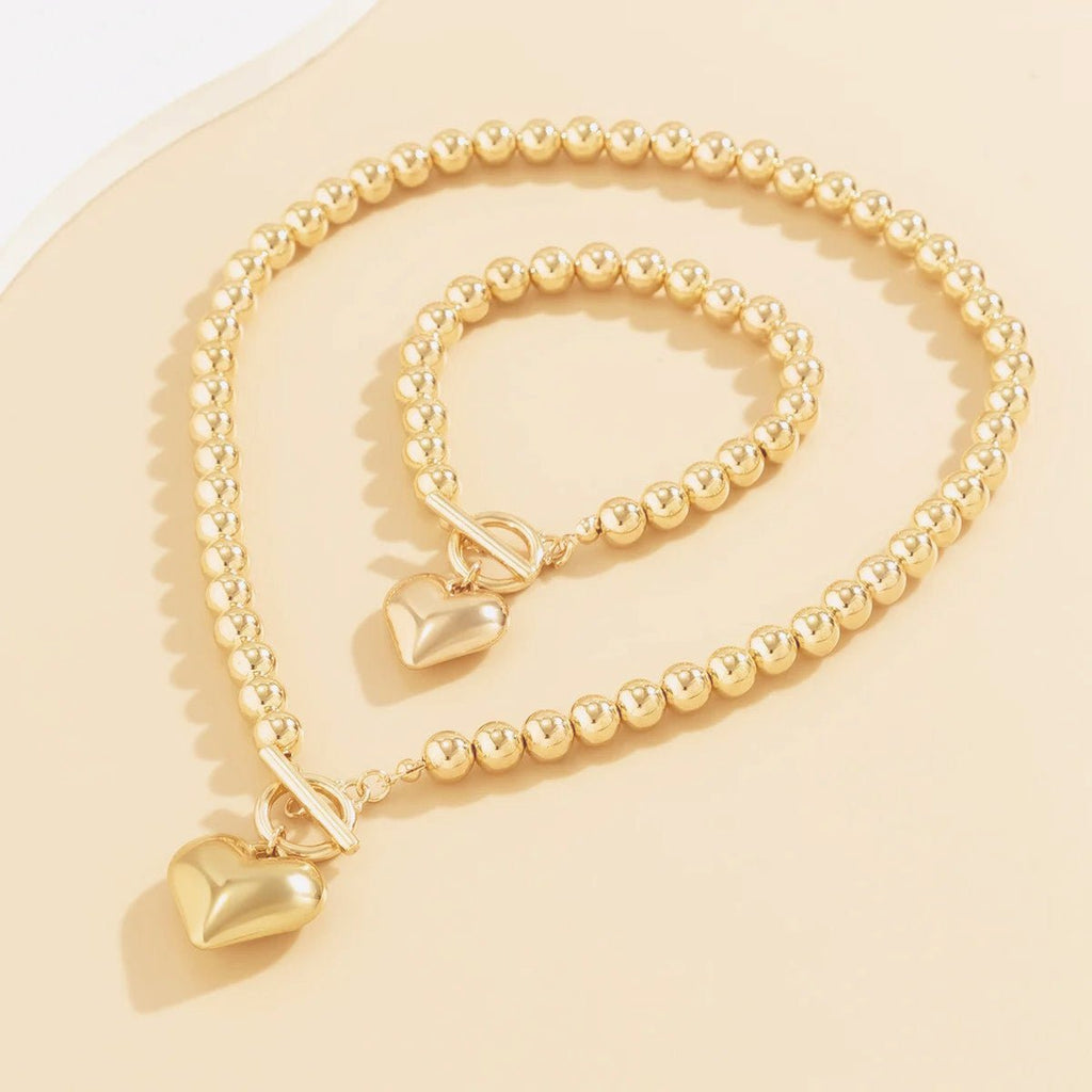 2pc Beaded Heart Pendant Bracelet and Necklace Set