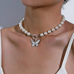 Beaded Pearl Butterfly Pendant Choker Necklace
