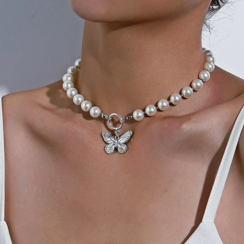 Beaded Pearl Butterfly Pendant Choker Necklace