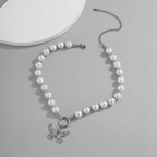 Beaded Pearl Butterfly Pendant Choker Necklace