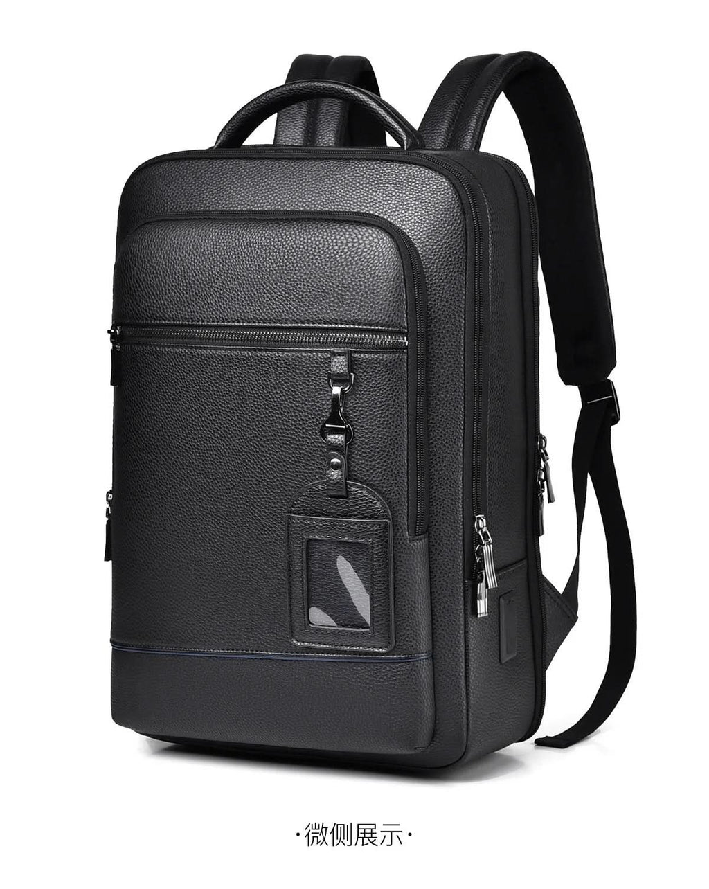 Elegant leather rucksack for men/women with USB port for laptop and everyday use, 15.6 inch, black