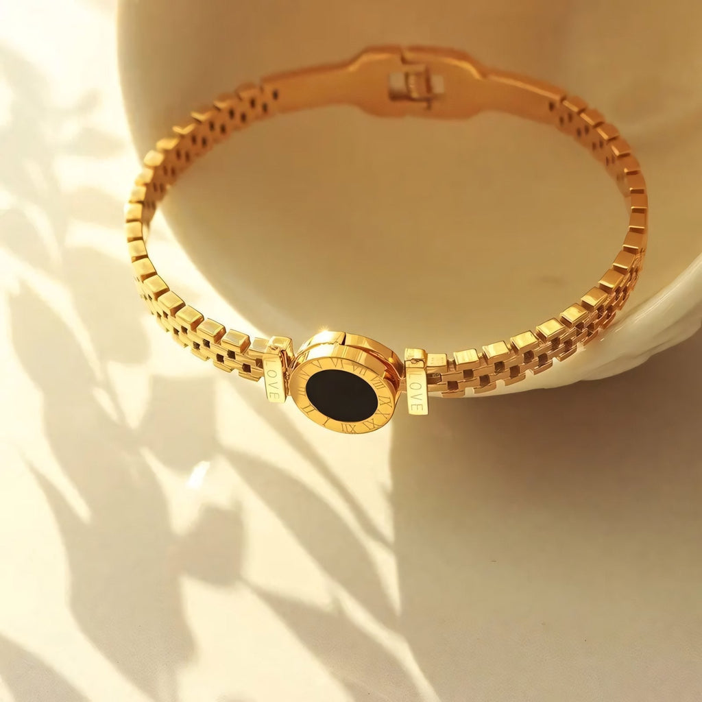 Black Center Roman Numeral Accented Bangle Bracelet