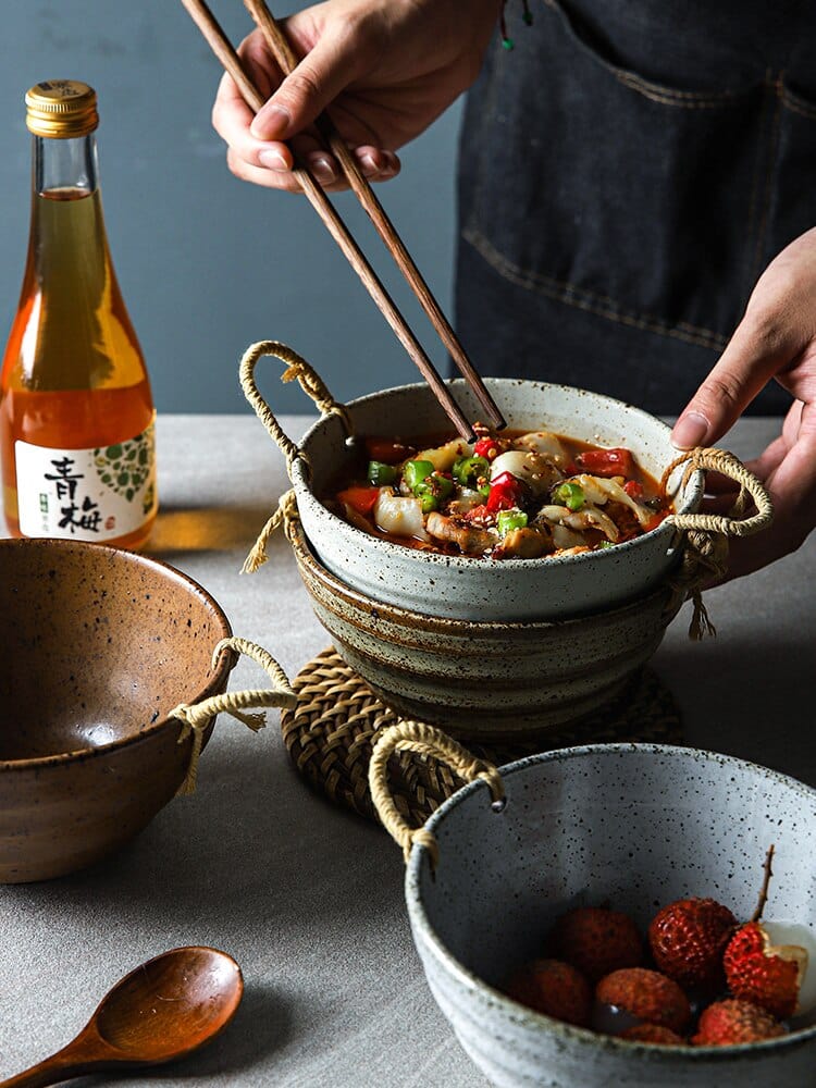Fortessa ceramic bowl with hemp rope handle