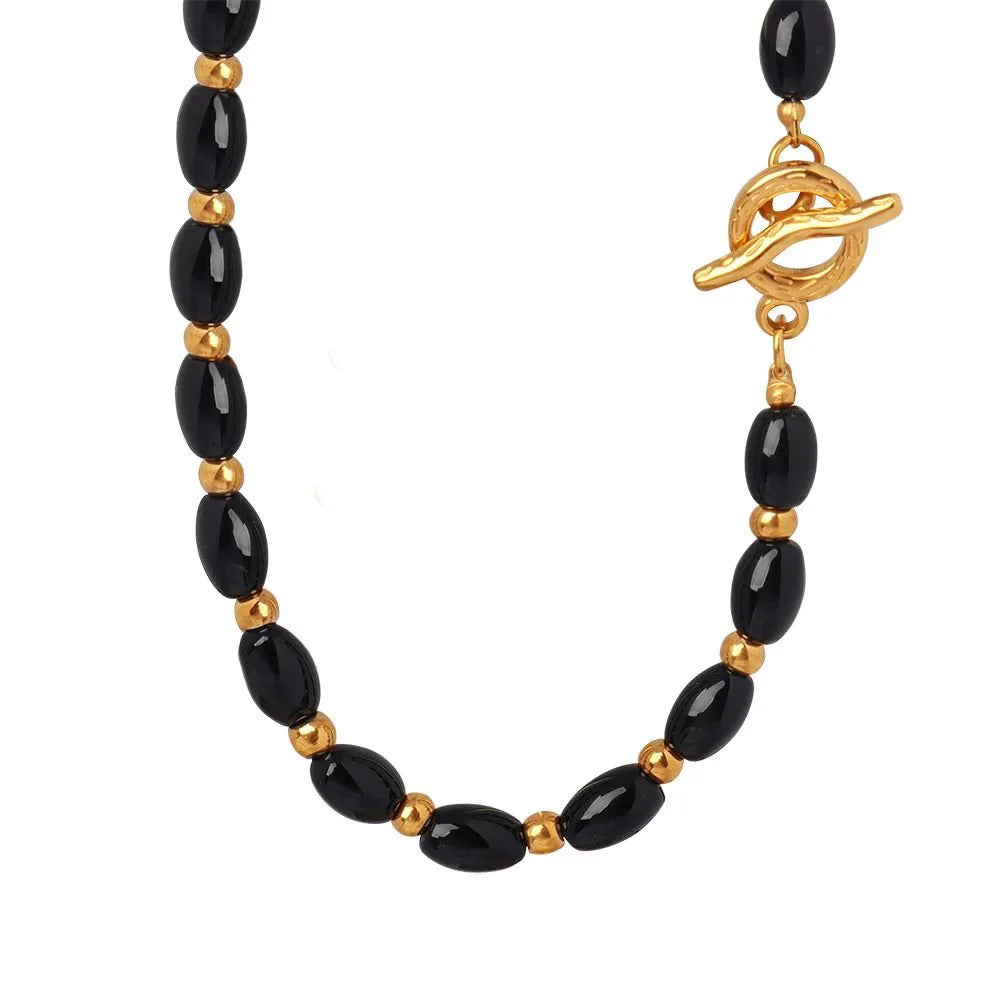 Boho Beaded Black and Gold Circle Clasp Necklace