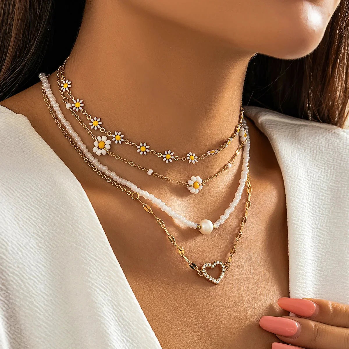Boho Spring Daisy Necklace Stack