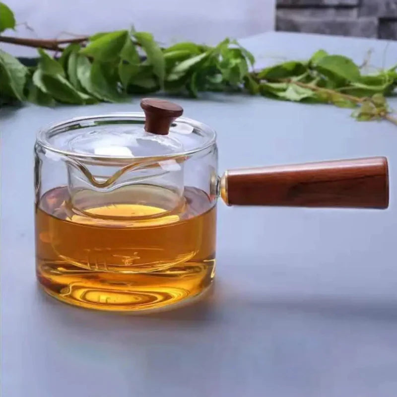 Borosilicate Glass Teapot Kettle Wooden Handle Heat Resistant Tea Maker