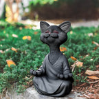 Buddha cat with a meditative expression and spiritual message