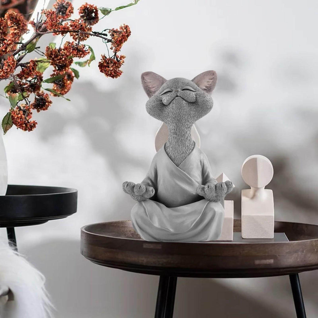 Buddha cat with a meditative expression and spiritual message