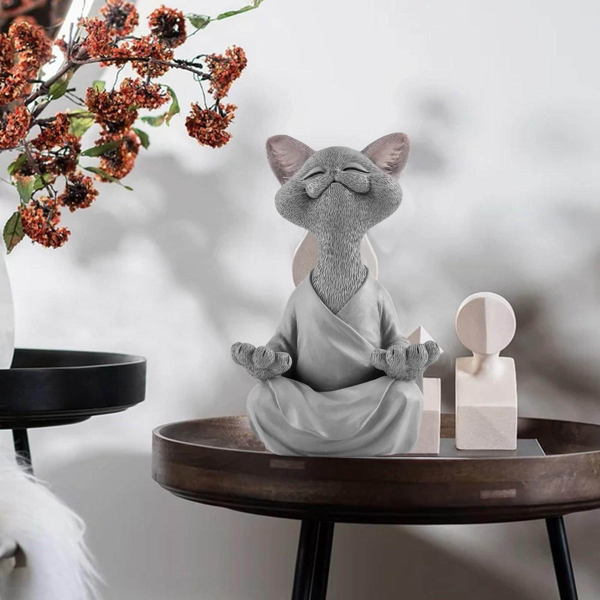 Buddha cat with a meditative expression and spiritual message