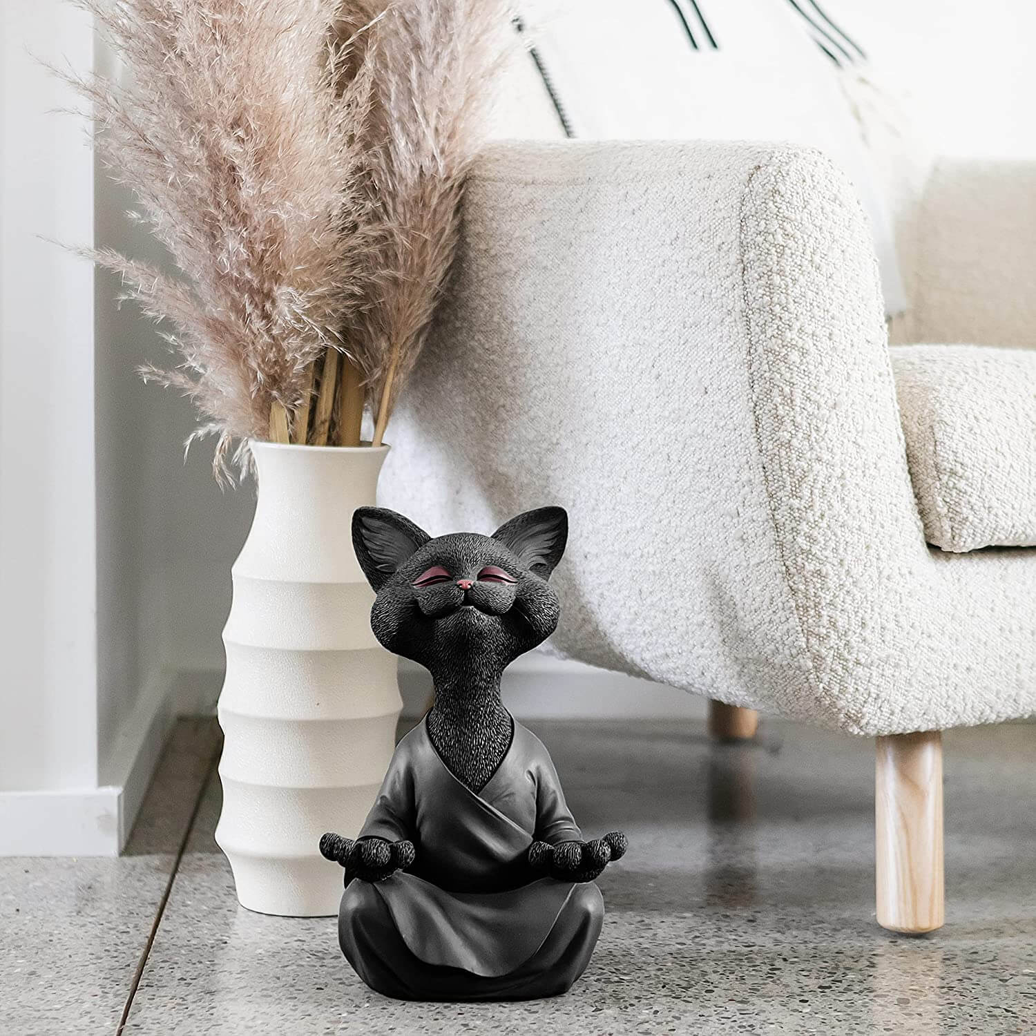 Buddha cat with a meditative expression and spiritual message