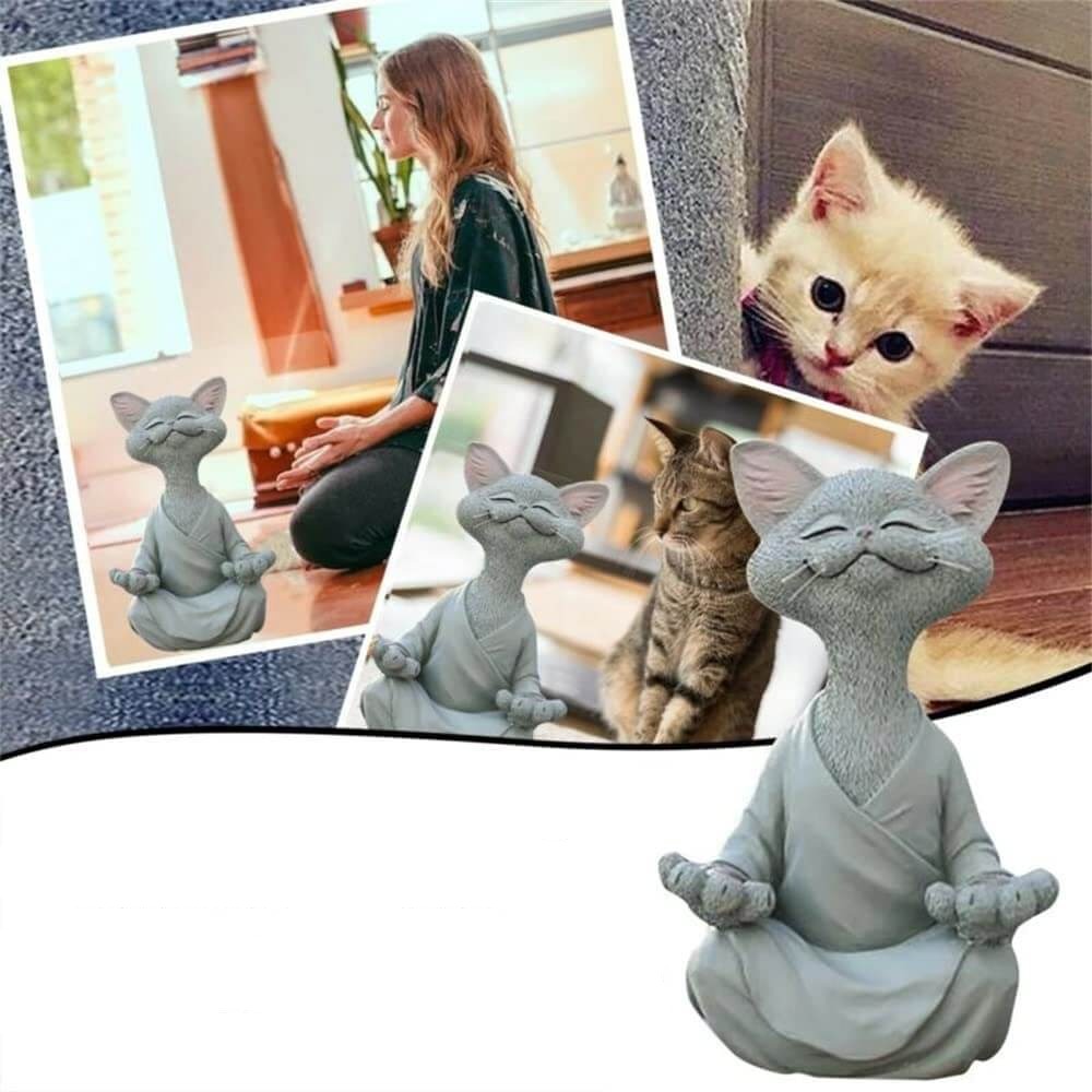 Buddha cat with a meditative expression and spiritual message