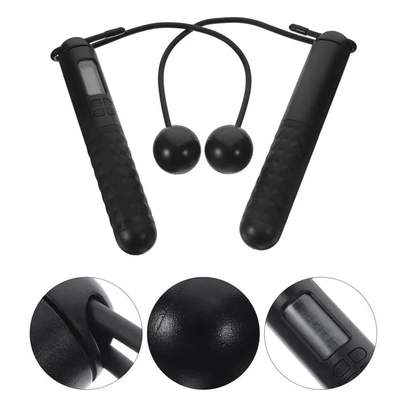Battery-operated skipping rope with counter and weight balls