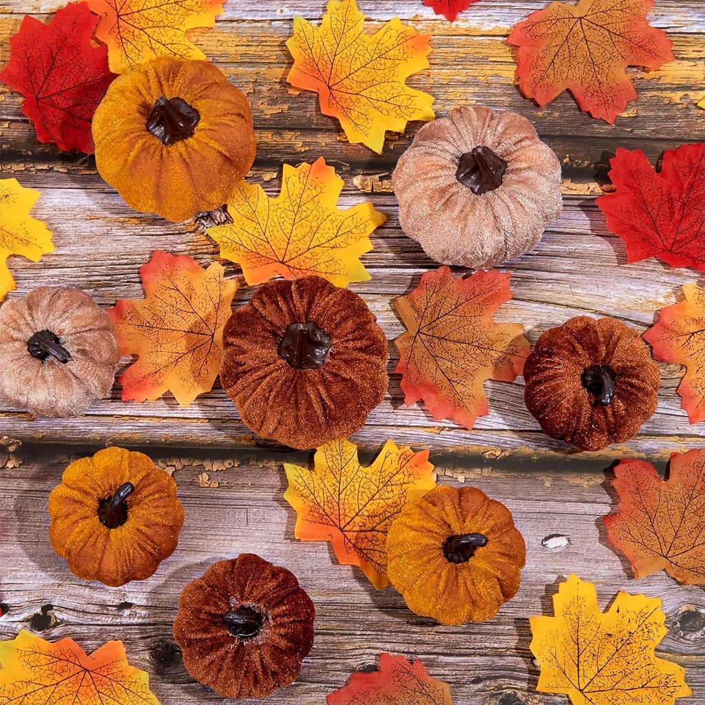 Autumn Decoration Pumpkin Set – 12 Pieces Artificial Pumpkins with Velvet Finish