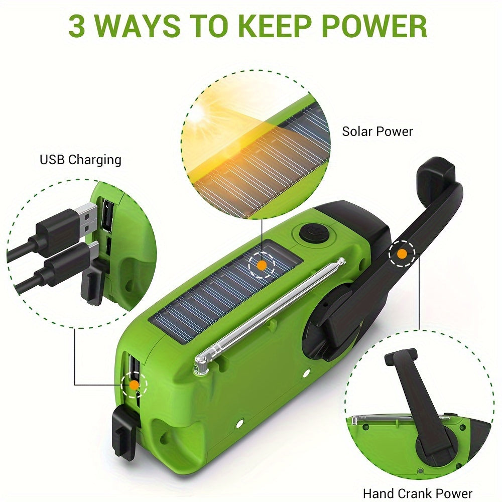 Compact Emergency Radio with 2000mAh Power Bank, Solar Power, Hand Crank and Built-in Flashlight for Outdoor Use