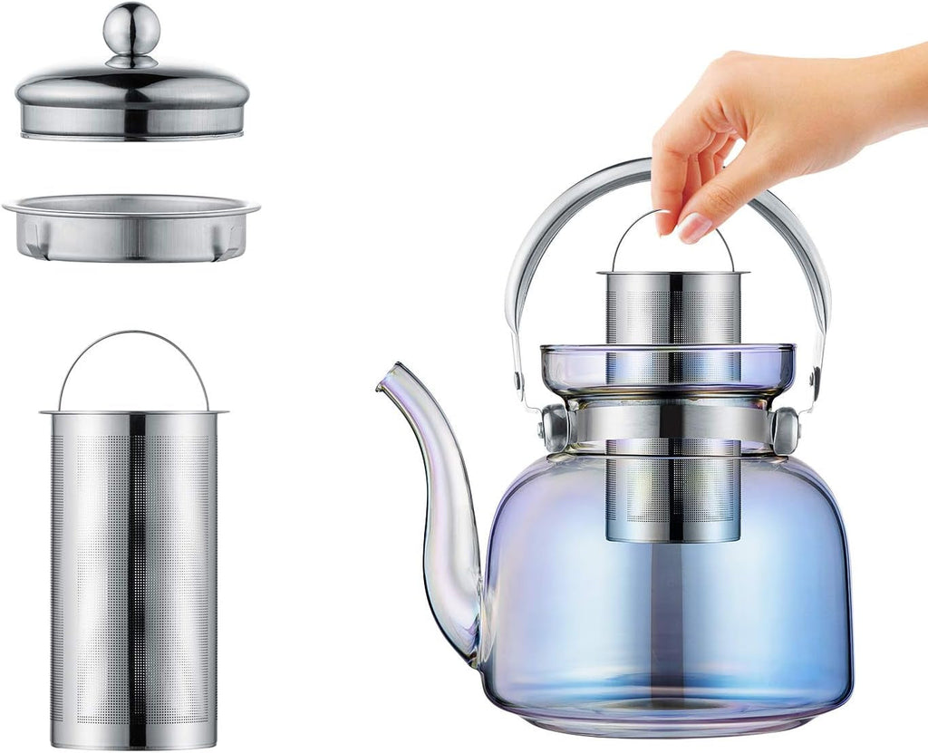 50 Oz(1500Ml) Glass Teapot with Lid, Removable Stainless Steel Tea Strainer and Handle, Stovetop Safe Tea Maker for Blooming and Loose Leaf Tea (Iridescent)