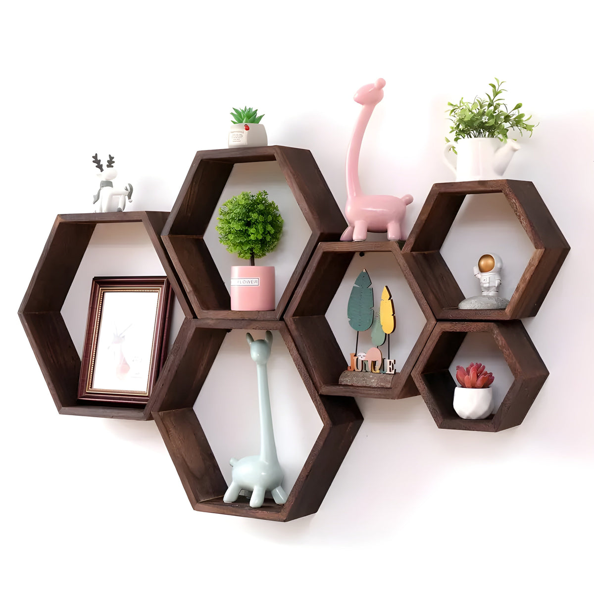 Wall shelf set HexaWood | 5-piece | Hexagon design | Rustic wood look