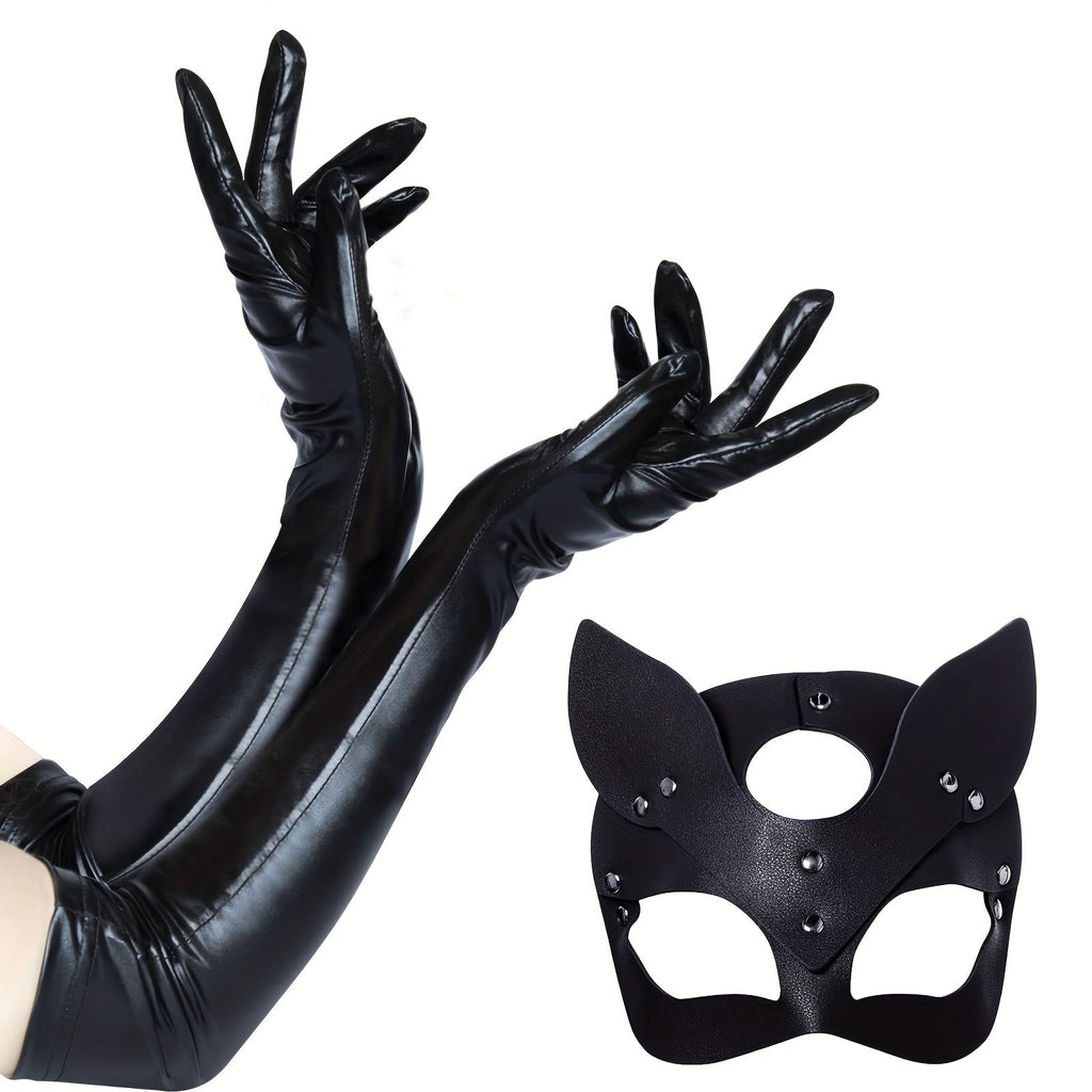 Women’s Faux Leather Halloween Costume Accessories | Cat Mask Gloves