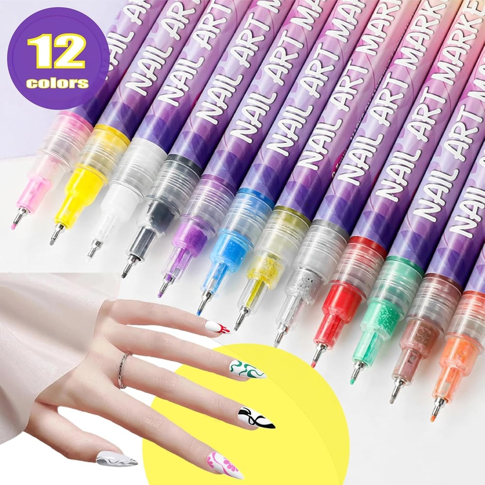 12 Colors Nail Art Pens — Acrylic Nail Design Set with Fine Tip