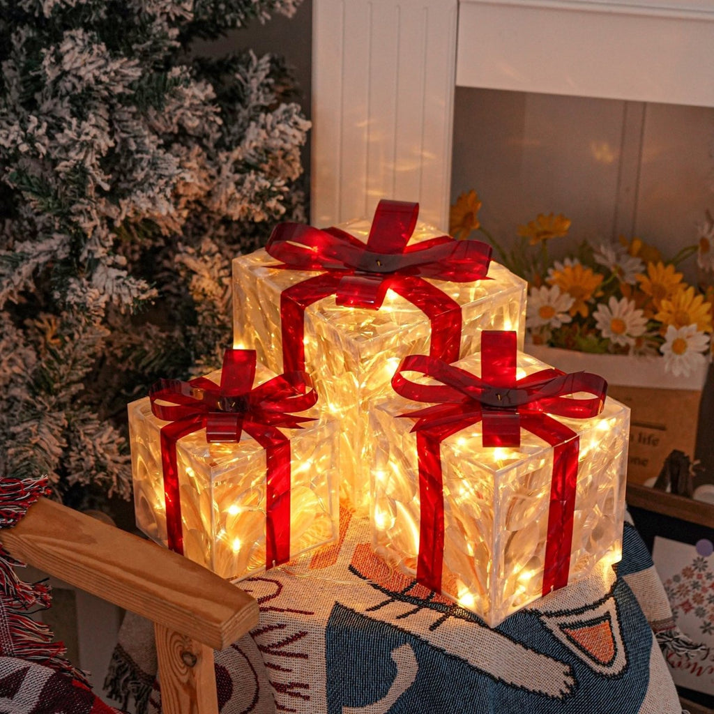 Lighted Christmas Gift Box Set of 3 with Warm White LEDs for Indoor and Outdoor Decor