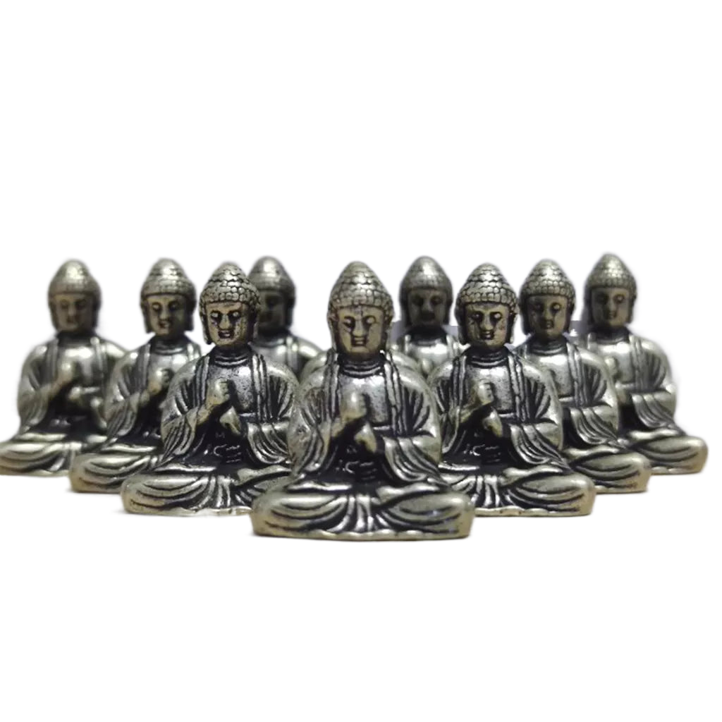 10 piece Miniature Brass Sitting Buddha Statue Figure for Travel Buddhism Worship Home Office Desk Decoration
