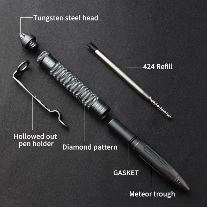 Tactical Survival Pen with Glass-Breaker Tip and Stainless Steel Handle