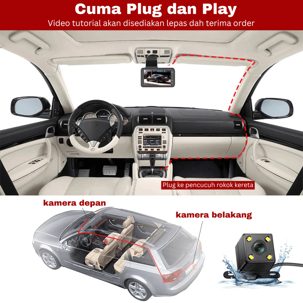 Dashcam with two lenses, 1080P HD and night vision - 170° wide angle