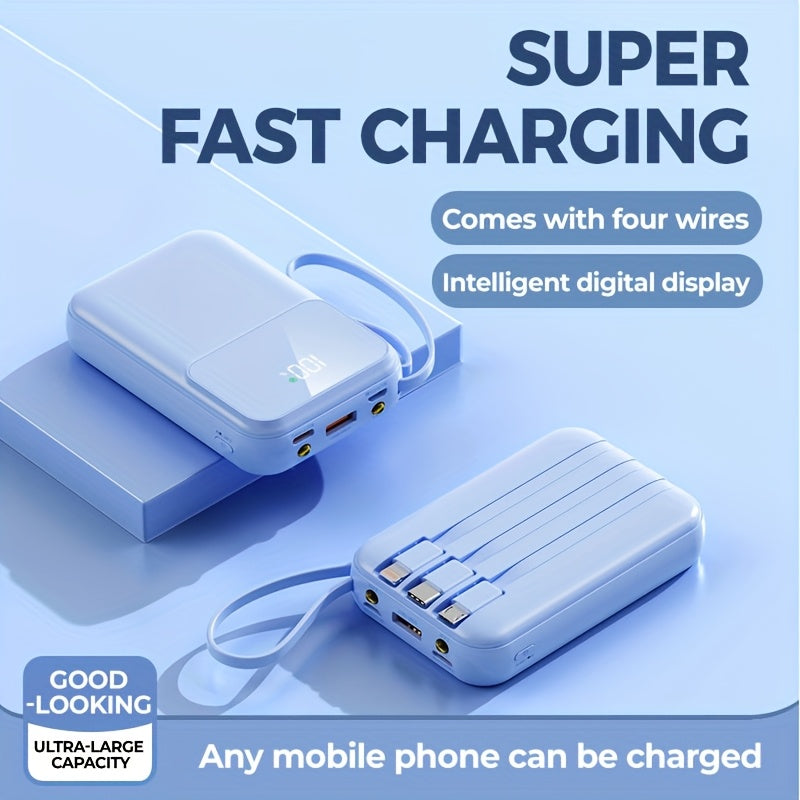 10000mAh Portable Power Bank with Fast Charging and Built-in Cables – Compact Phone Charger with LED display