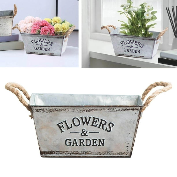 Decorative flower and garden container made of metal with hemp rope handles