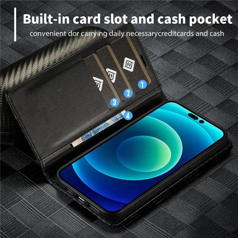 S23 Phone case | Card holder made of carbon fiber leather with magnetic closure