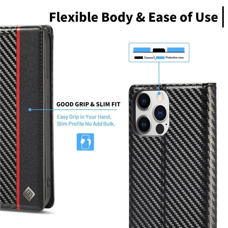 S23 Phone case | Card holder made of carbon fiber leather with magnetic closure
