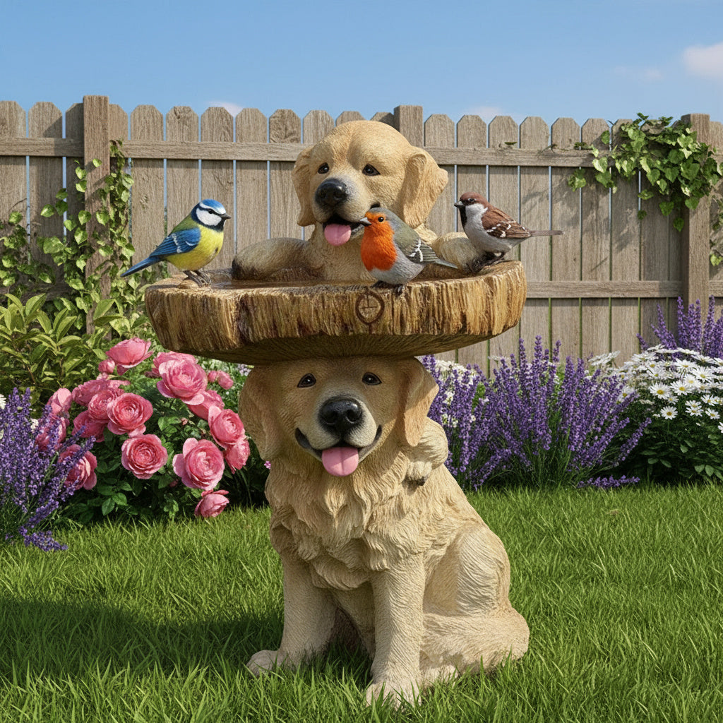 Golden Retriever Puppy Bird Bath Garden Statue