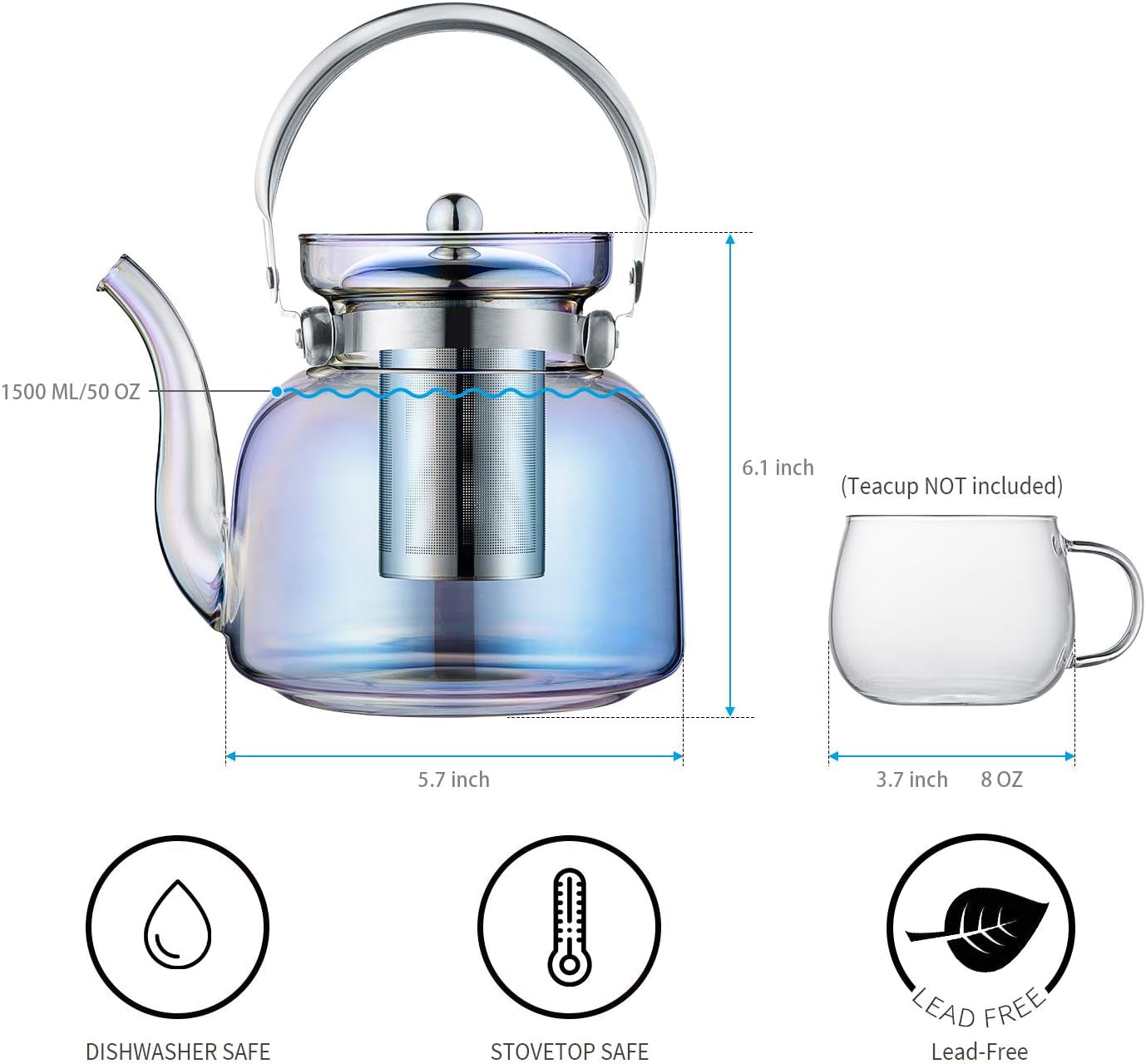 50 Oz(1500Ml) Glass Teapot with Lid, Removable Stainless Steel Tea Strainer and Handle, Stovetop Safe Tea Maker for Blooming and Loose Leaf Tea (Iridescent)