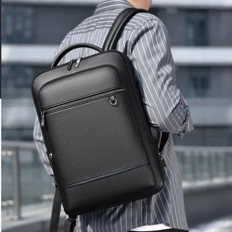 Elegant leather rucksack for men/women with USB port for laptop and everyday use, 15.6 inch, black