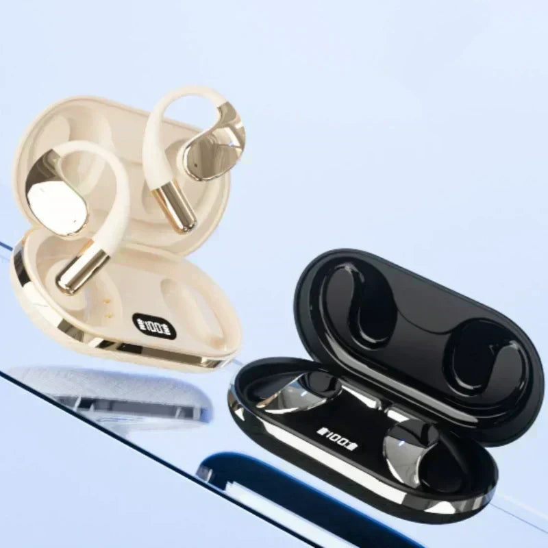 Wireless earbuds with open ear and LED display