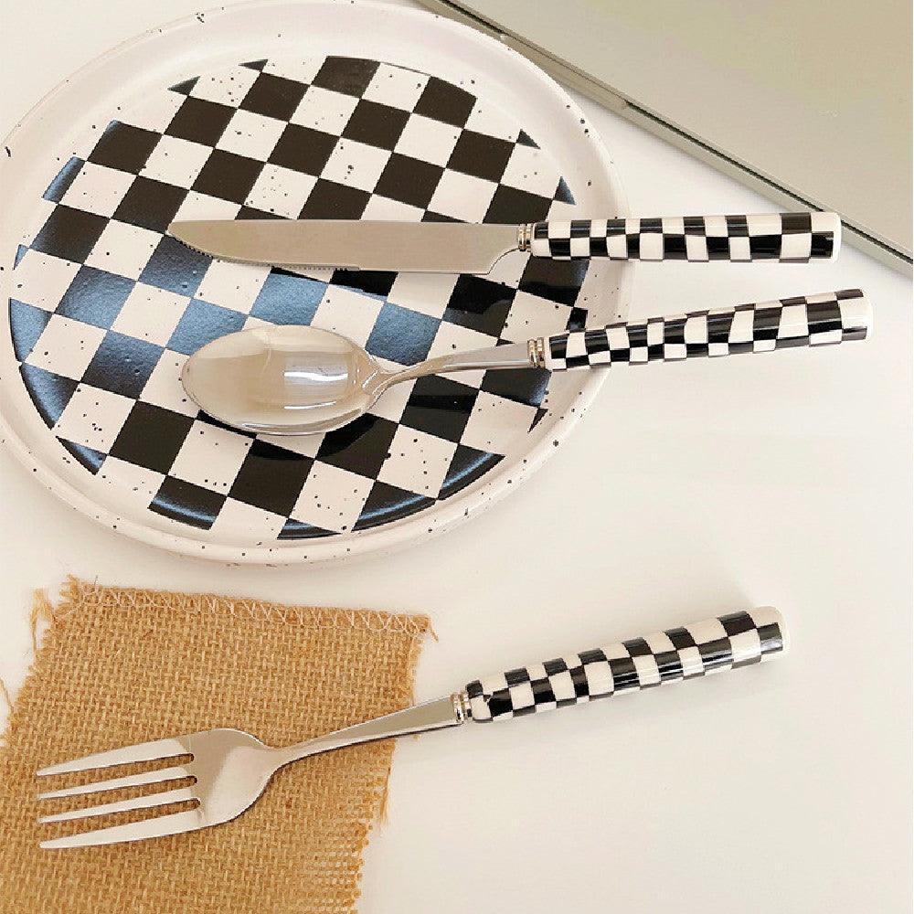 Checked Stainless Steel Silver Cutlery Black Red Yellow Green