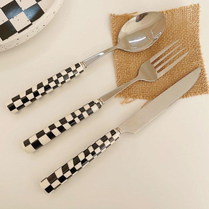 Checked Stainless Steel Silver Cutlery Black Red Yellow Green