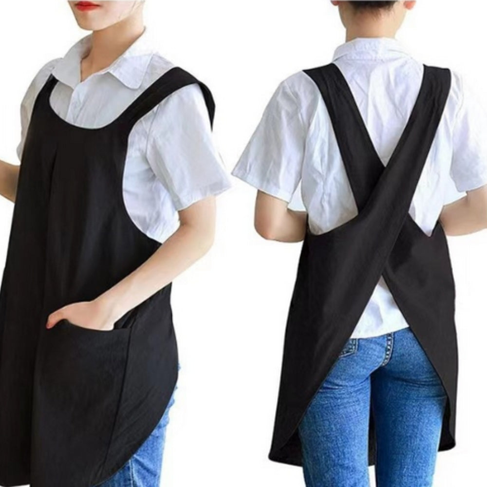 Cotton Linen Cross Back Apron Pockets