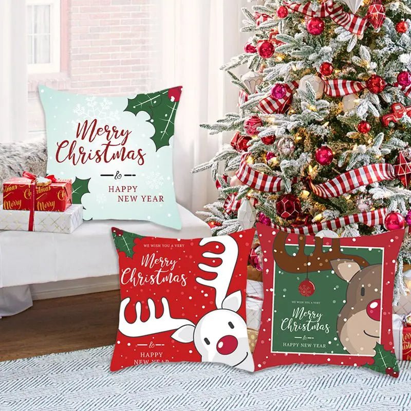 Christmas Cushion Cover – Festive Santa & Elk Design for Holiday Decor & Perfect New Year Gift