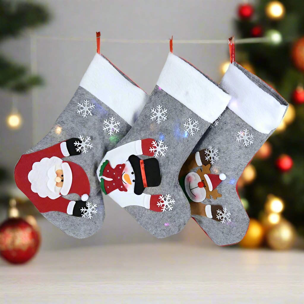 Christmas Stockings with LED Lights- Snowman, Santa, Elk, and Bear Designs Perfect for Adding Festive Cheer to Your Fireplace or Christmas Tree!