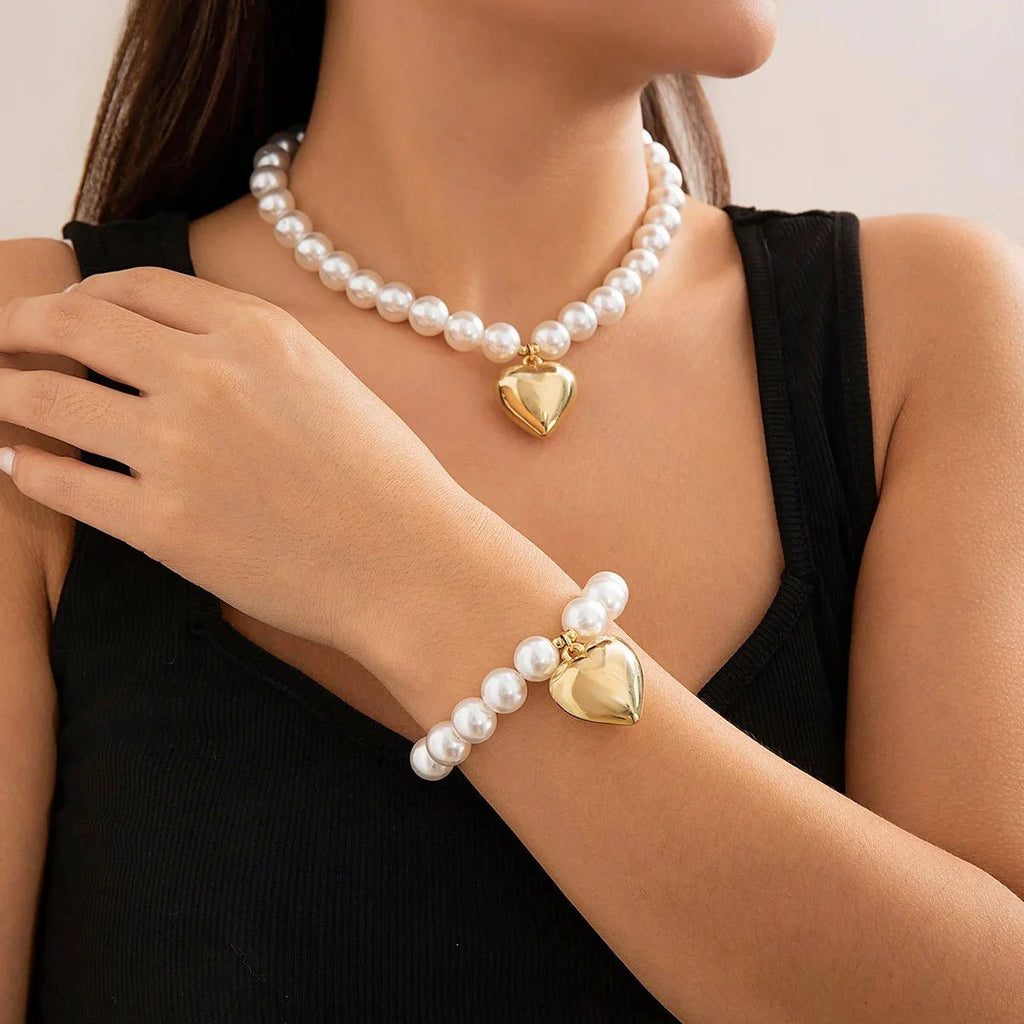 Chunky Heart Pendant Necklace and Bracelet Set