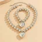 Chunky Heart Pendant Necklace and Bracelet Set