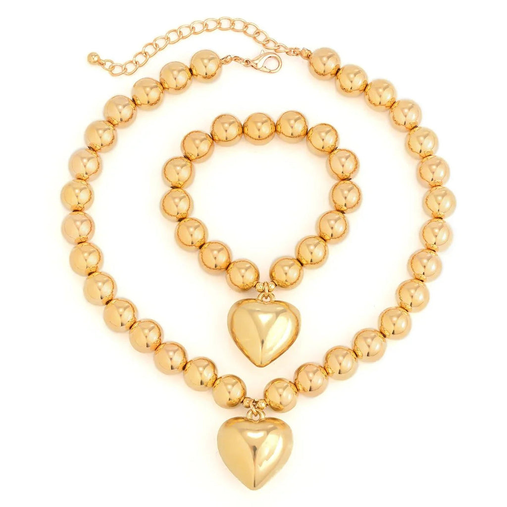 Chunky Heart Pendant Necklace and Bracelet Set