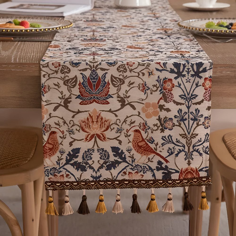 EVERBLOOM LINENS – Elegant Table Runner with Floral & Bird Jacquard Design