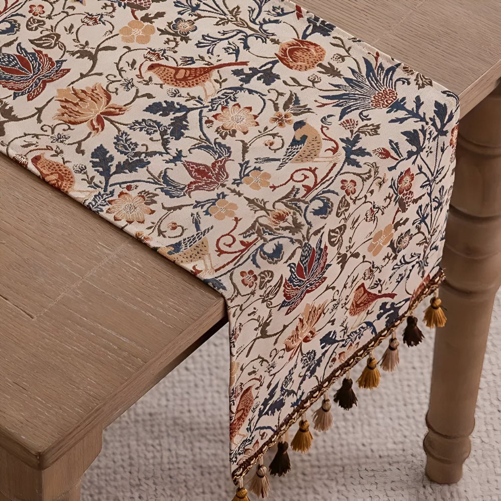 EVERBLOOM LINENS – Elegant Table Runner with Floral & Bird Jacquard Design