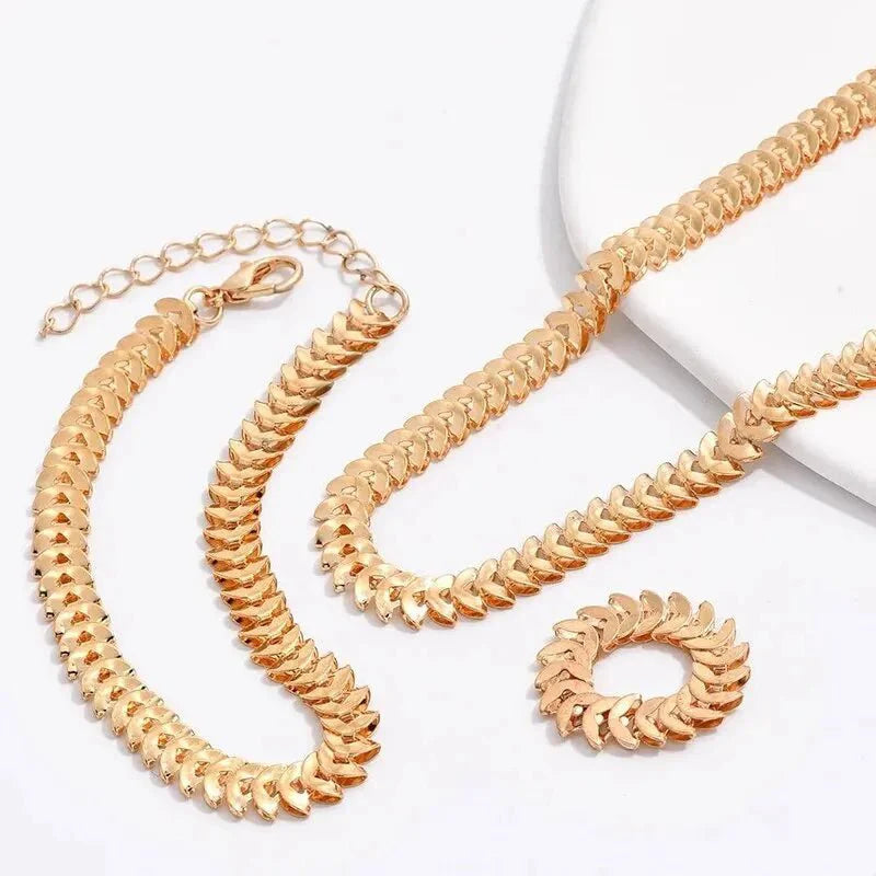 Classy Fishbone Necklace, Bracelet, and Ring Set