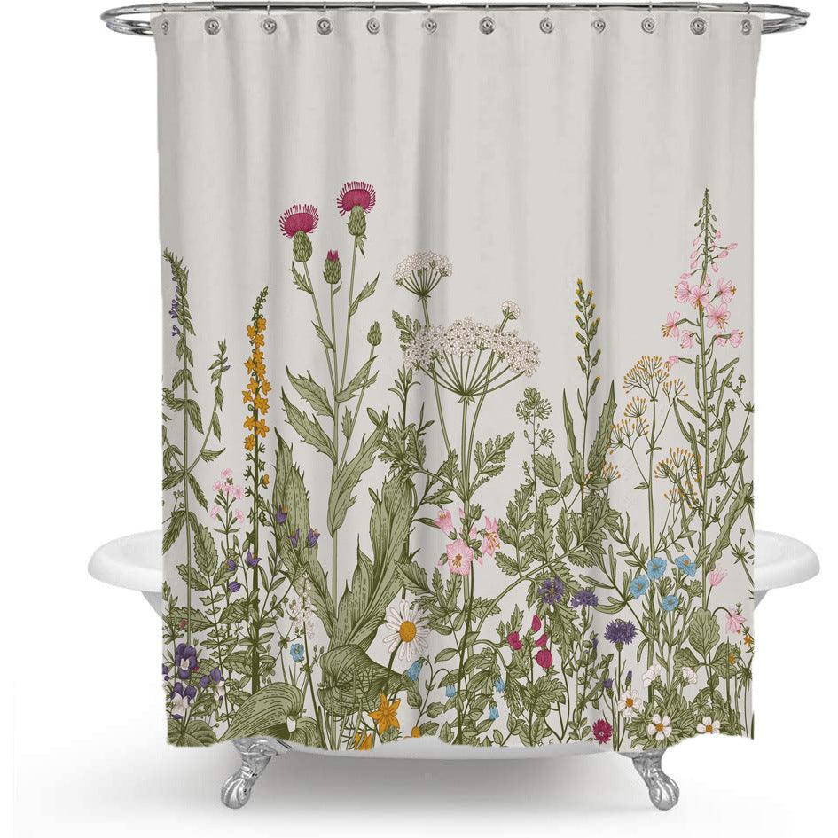 Colorful Floral Print Polyester Shower Curtain with Nordic Green Leaf Design