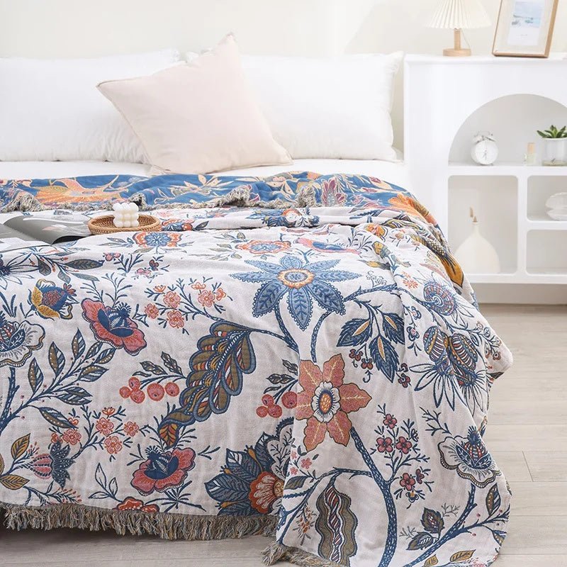 MEADOWNEST BLANKET – Rustic Cotton Blanket with Floral Pattern & Reversible Design