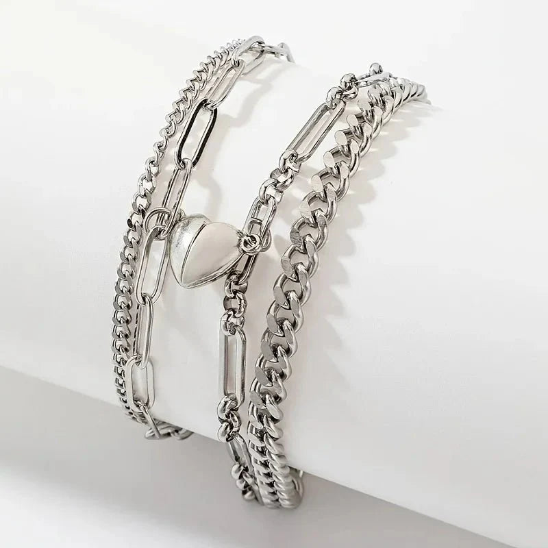 Couples Magnetic Heart Cuban & Paperclip Chain Bracelet Set