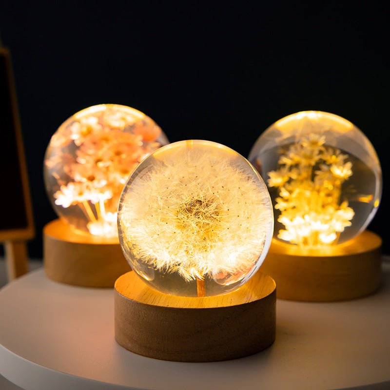 Floralis Crystal Ball Lamp | 3D Flower Design | Dandelion & Daisy | USB Wooden Base
