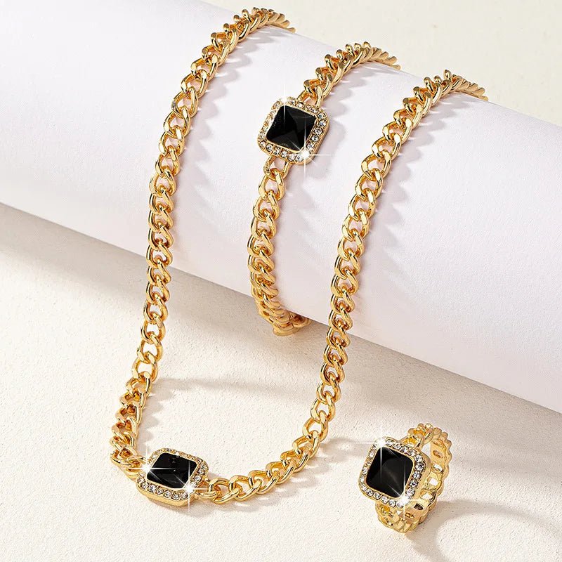Cuban Square Diamond Necklace, Bracelet, and Ring Set